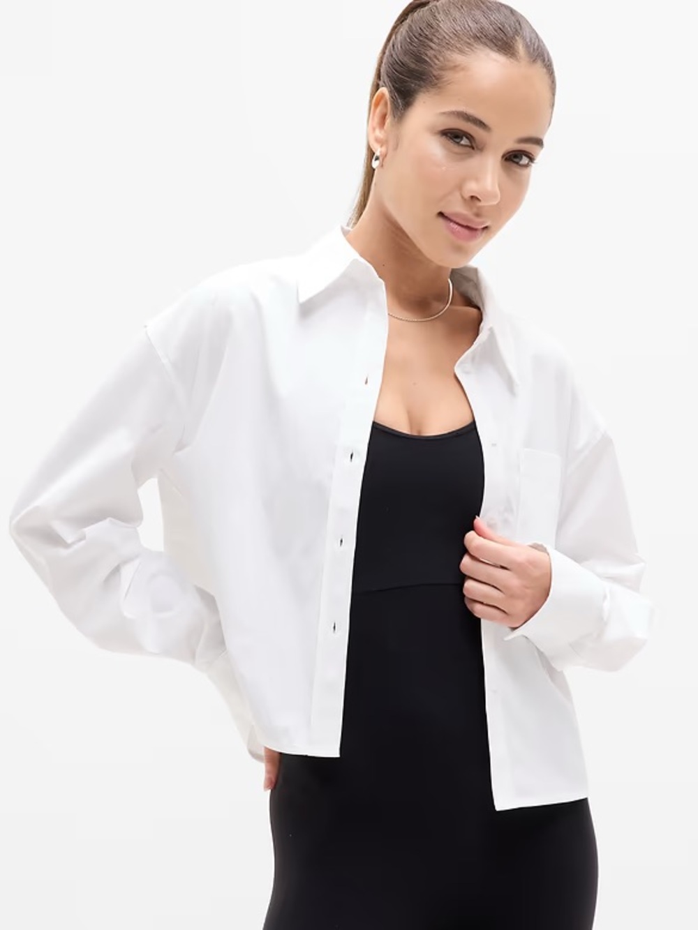 Athleta White Cropped Button-Down Shirt